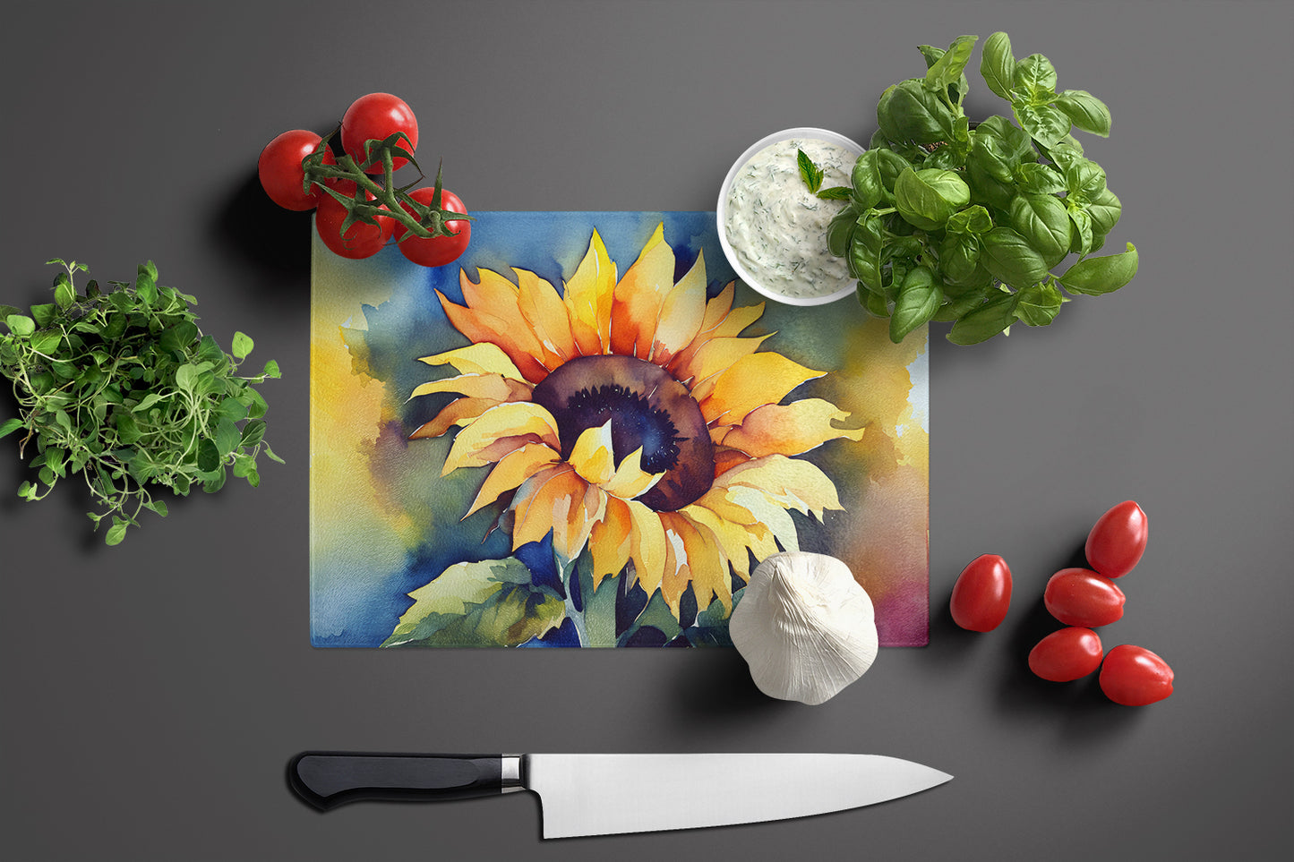 Sunflowers in Watercolor Glass Cutting Board