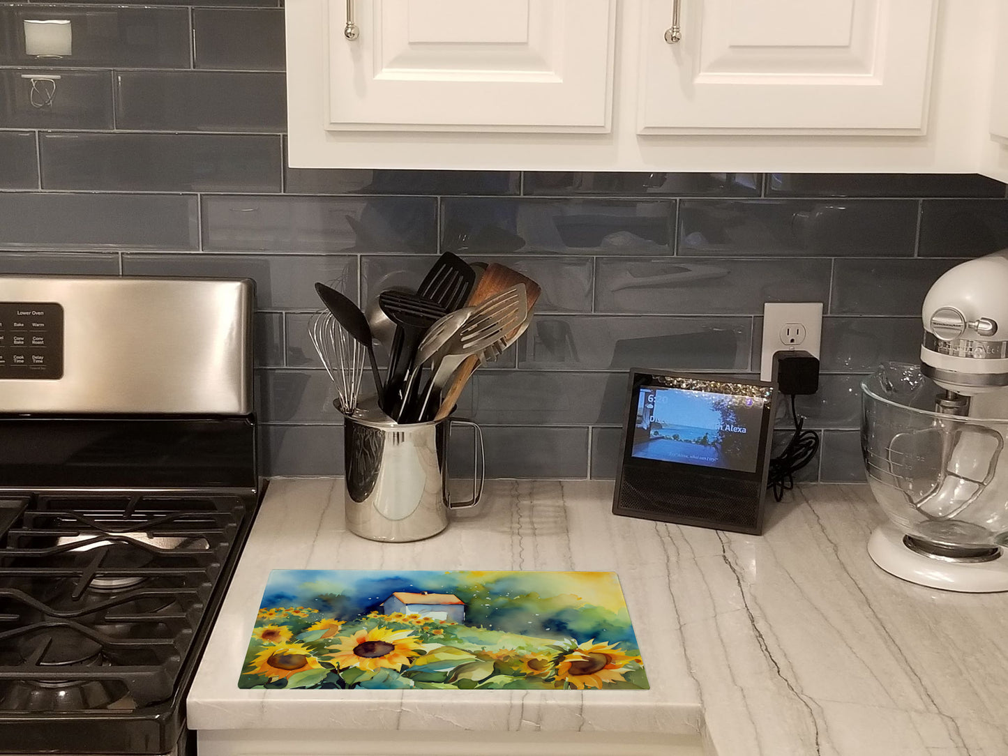 Sunflowers in Watercolor Glass Cutting Board