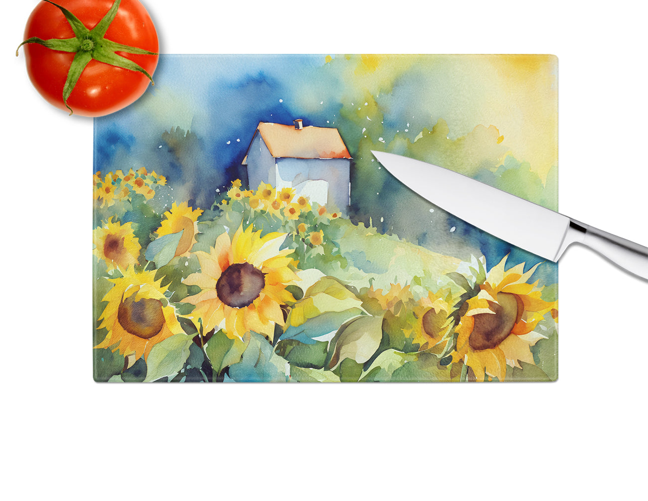 Sunflowers in Watercolor Glass Cutting Board