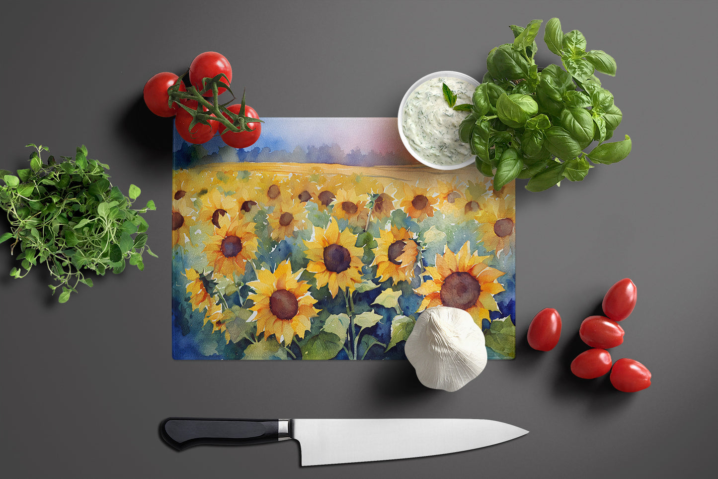 Sunflowers in Watercolor Glass Cutting Board