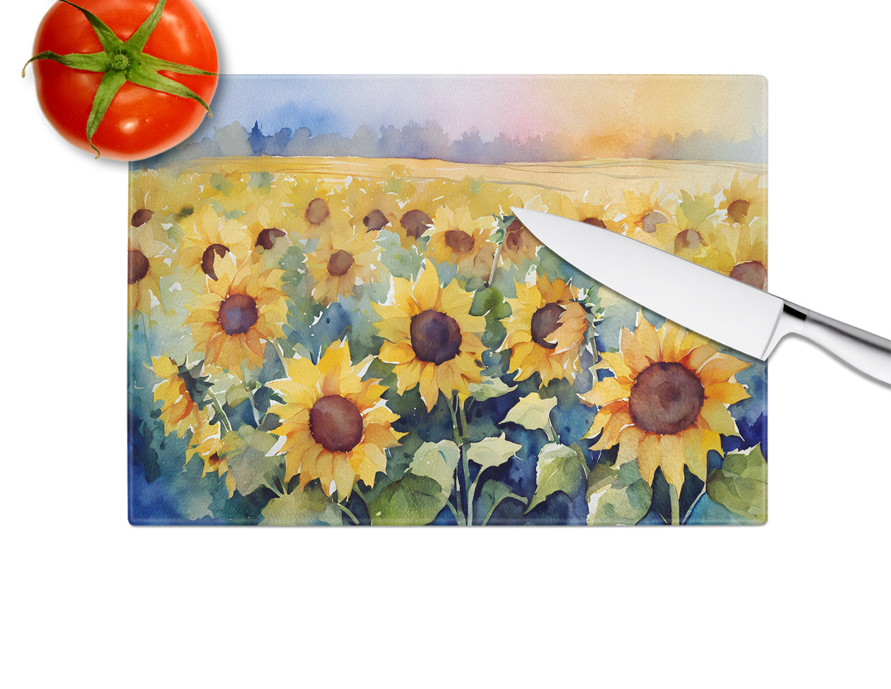 Sunflowers in Watercolor Glass Cutting Board