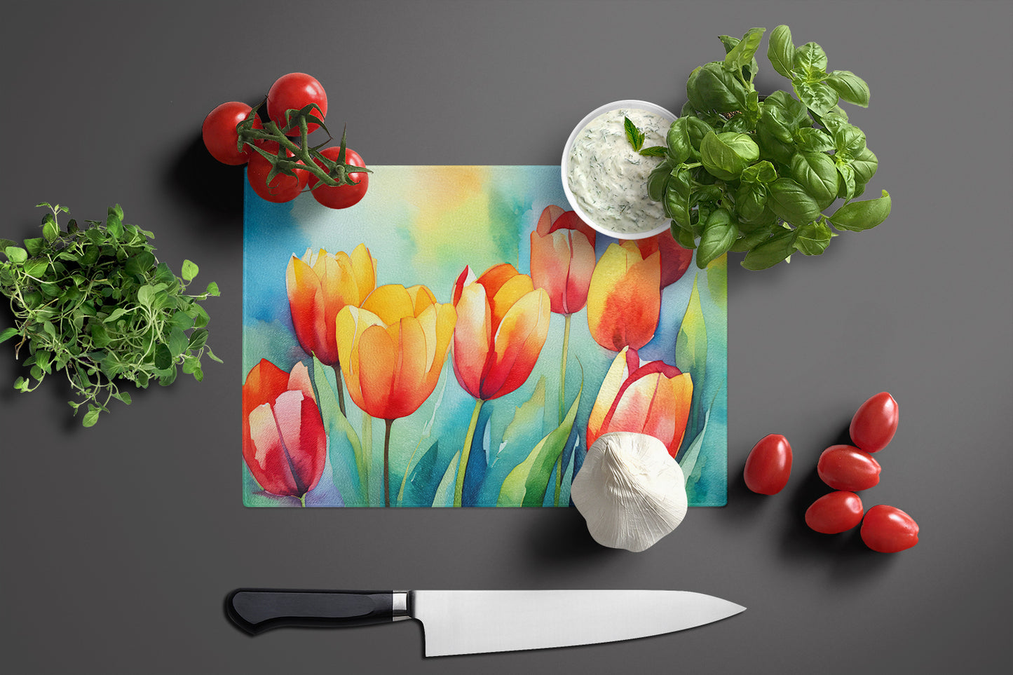 Tulips in Watercolor Glass Cutting Board