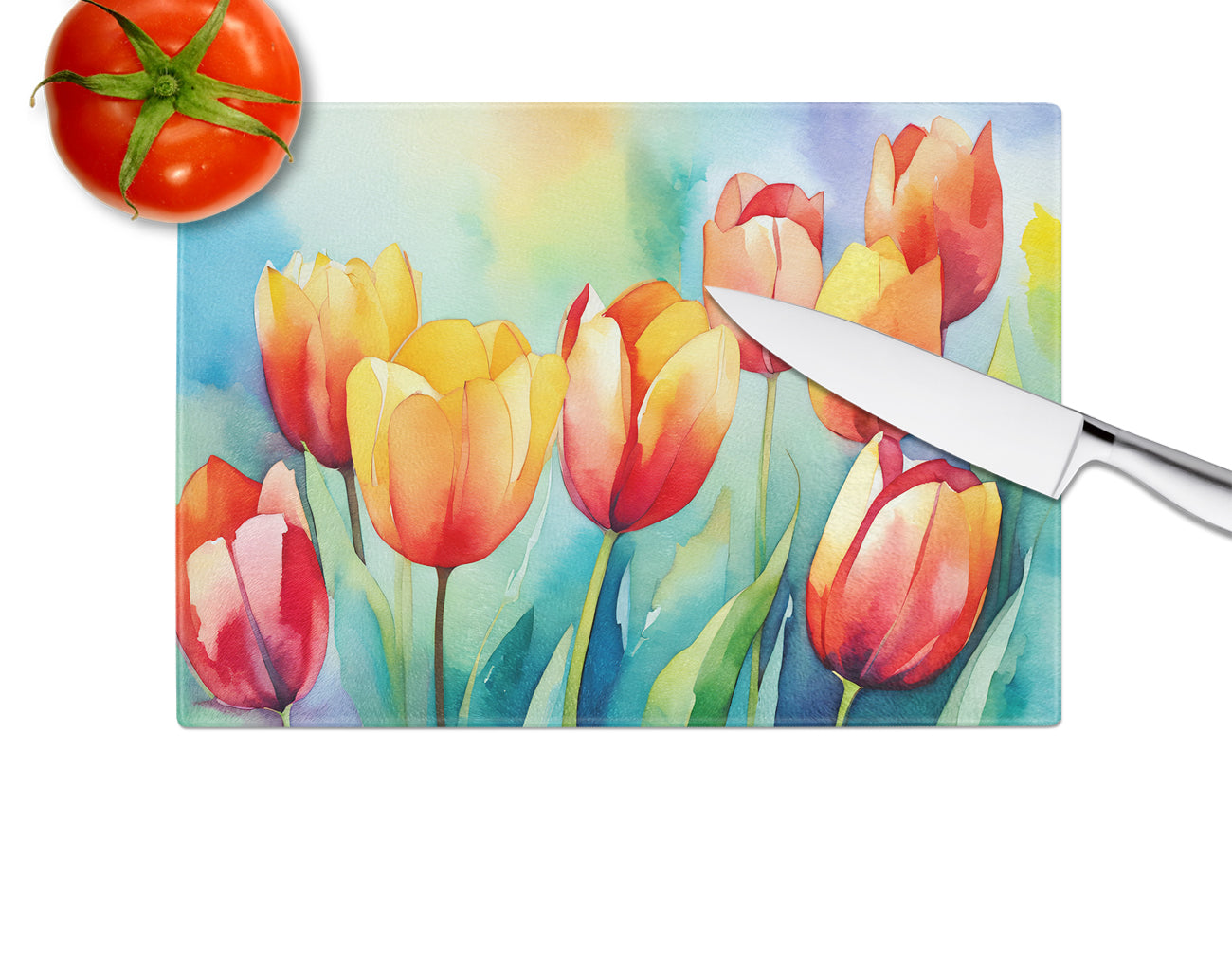 Tulips in Watercolor Glass Cutting Board