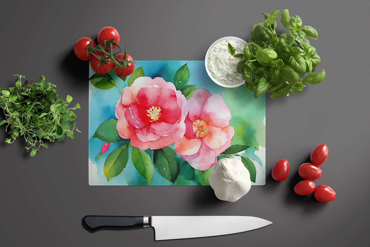 Alabama Camellia in Watercolor Glass Cutting Board