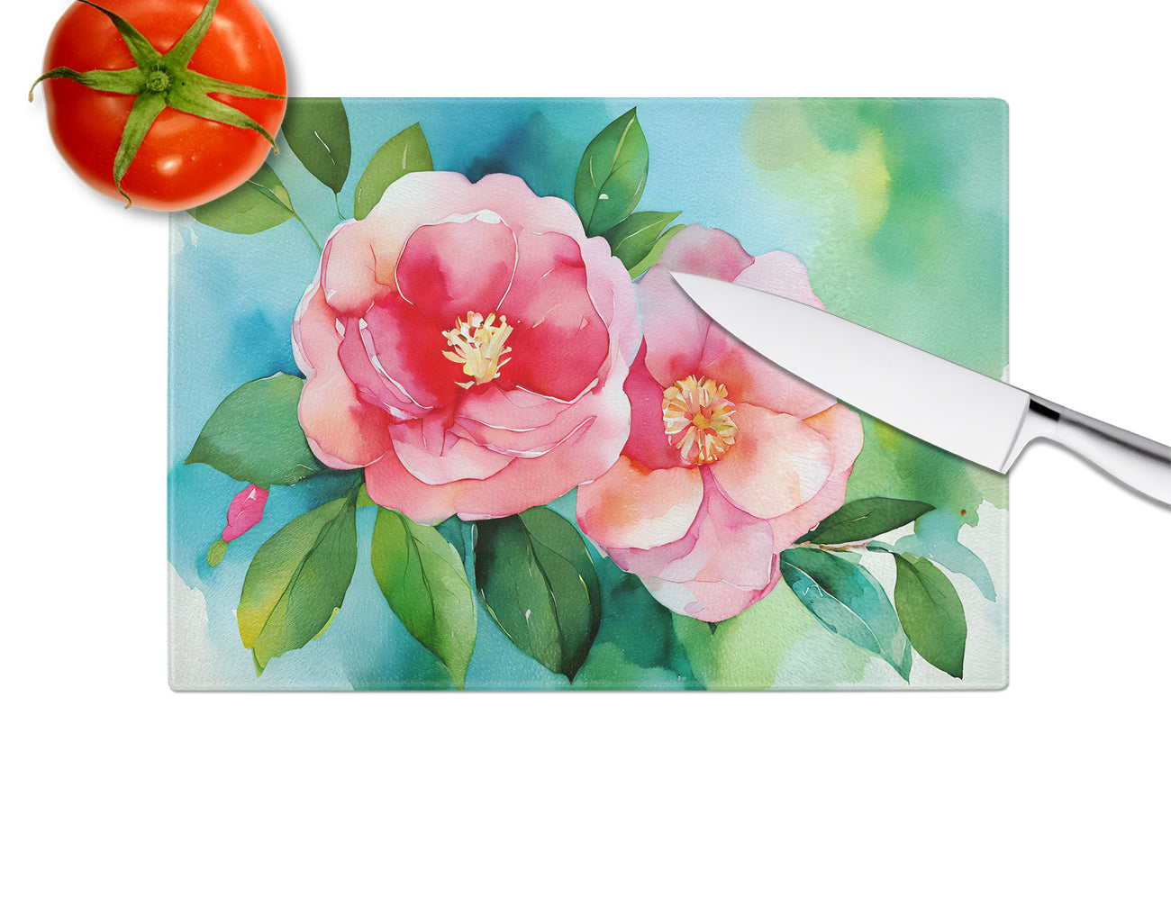 Alabama Camellia in Watercolor Glass Cutting Board