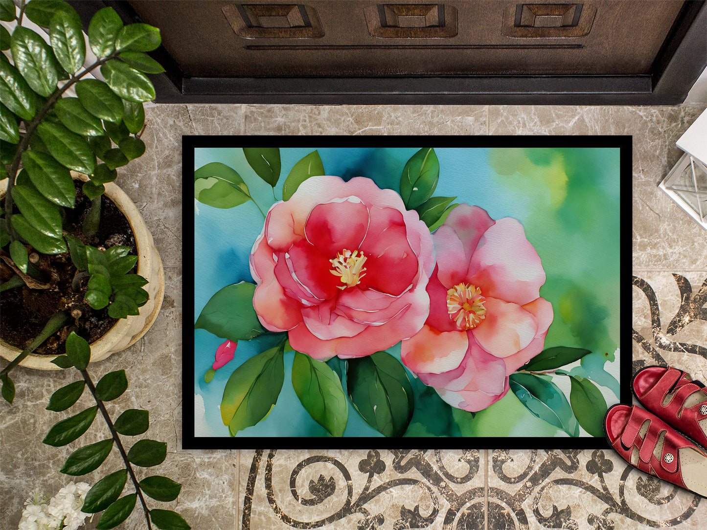 Alabama Camellia in Watercolor Doormat