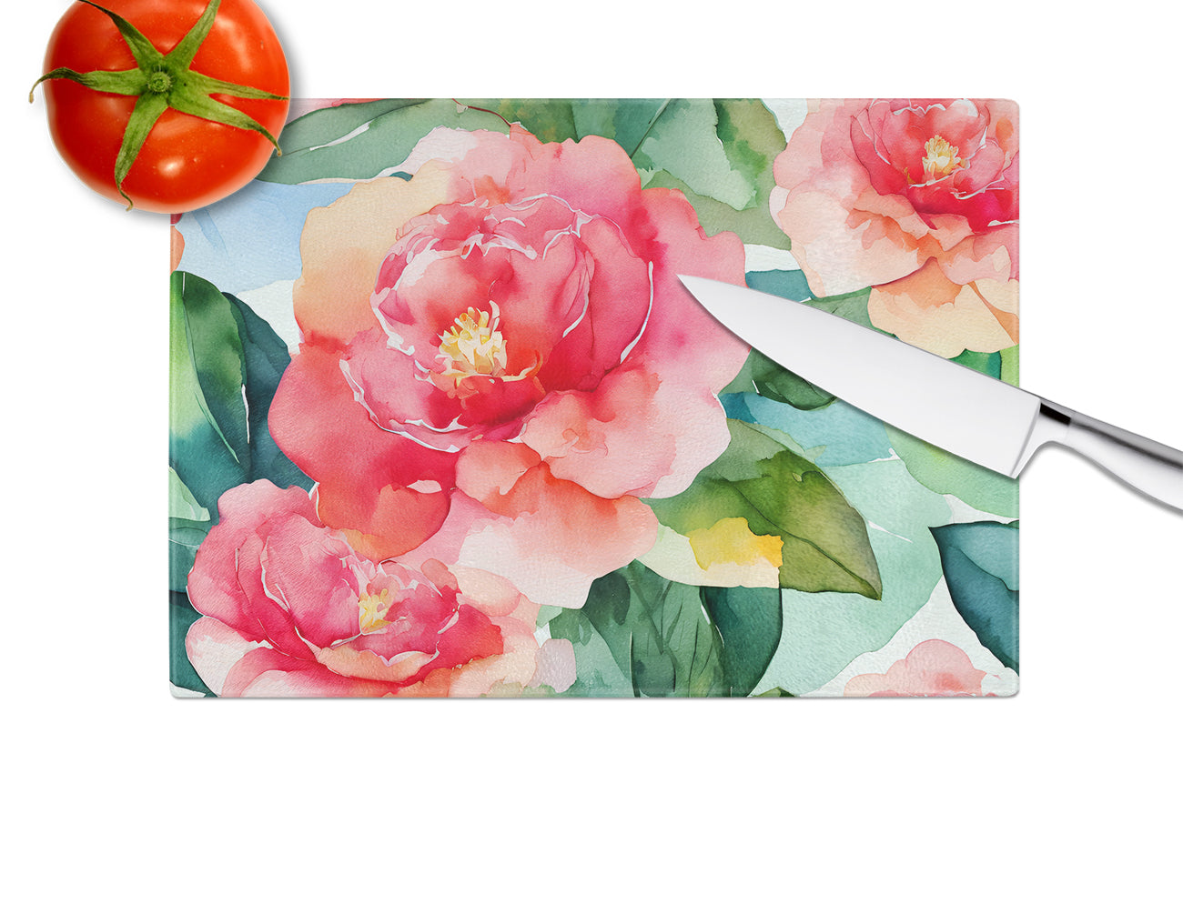 Alabama Camellia in Watercolor Glass Cutting Board