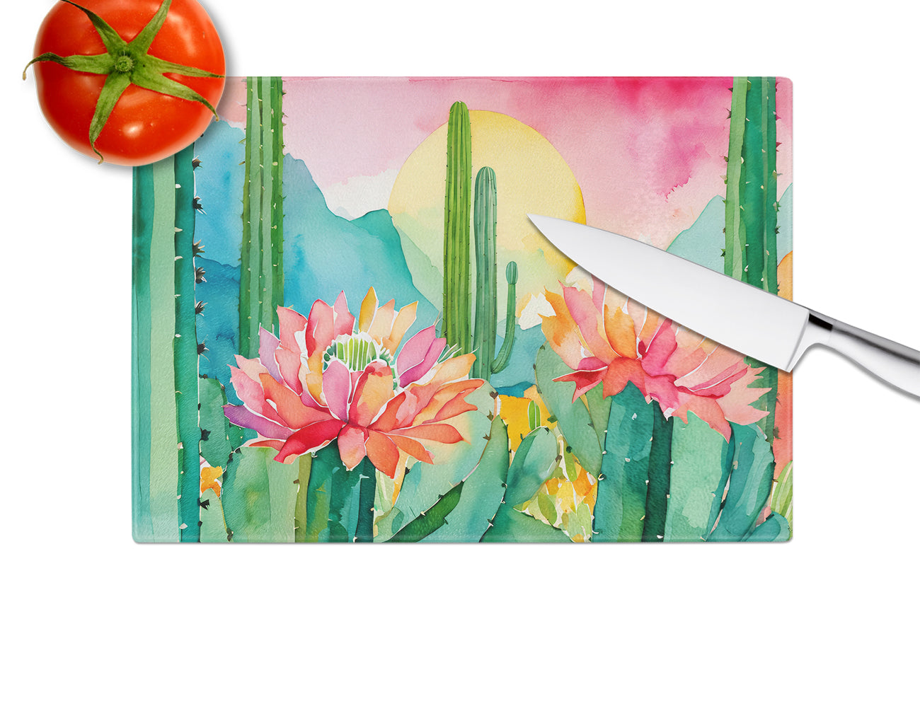 Arizona Saguaro Cactus Blossom in Watercolor Glass Cutting Board