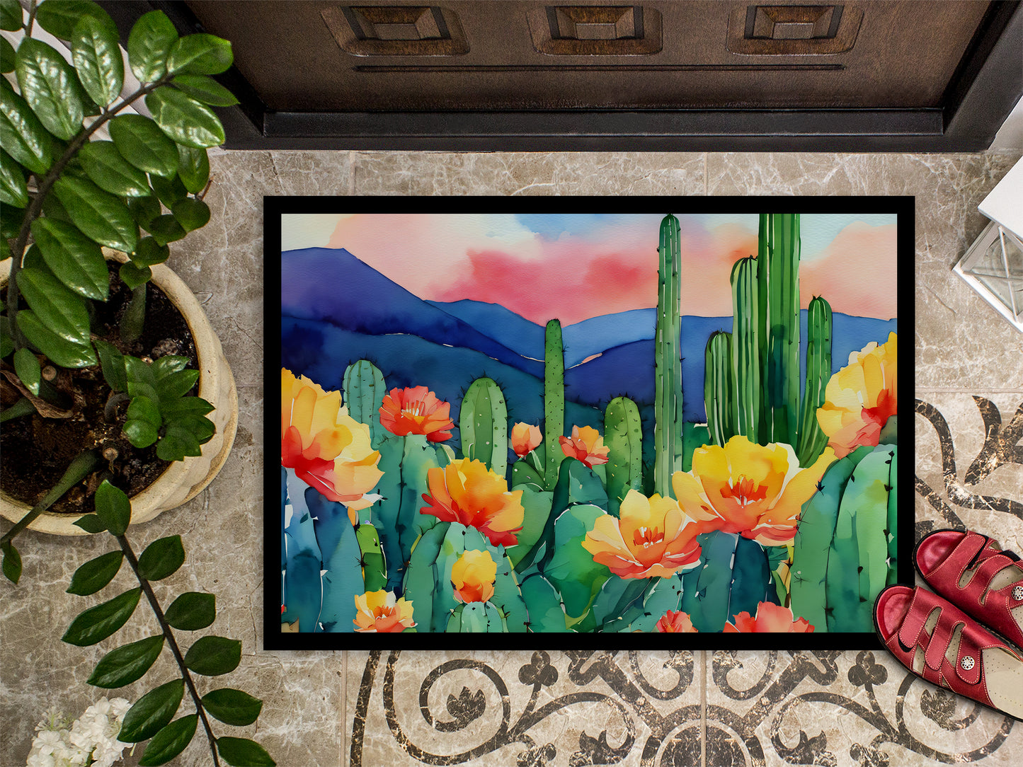 Arizona Saguaro Cactus Blossom in Watercolor Doormat