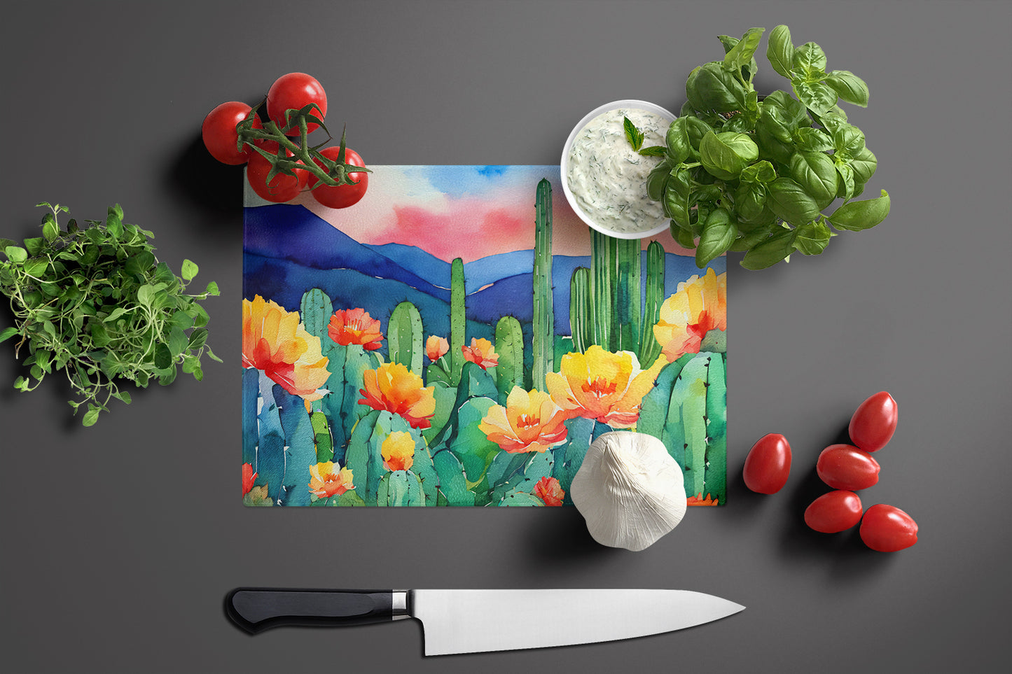 Arizona Saguaro Cactus Blossom in Watercolor Glass Cutting Board