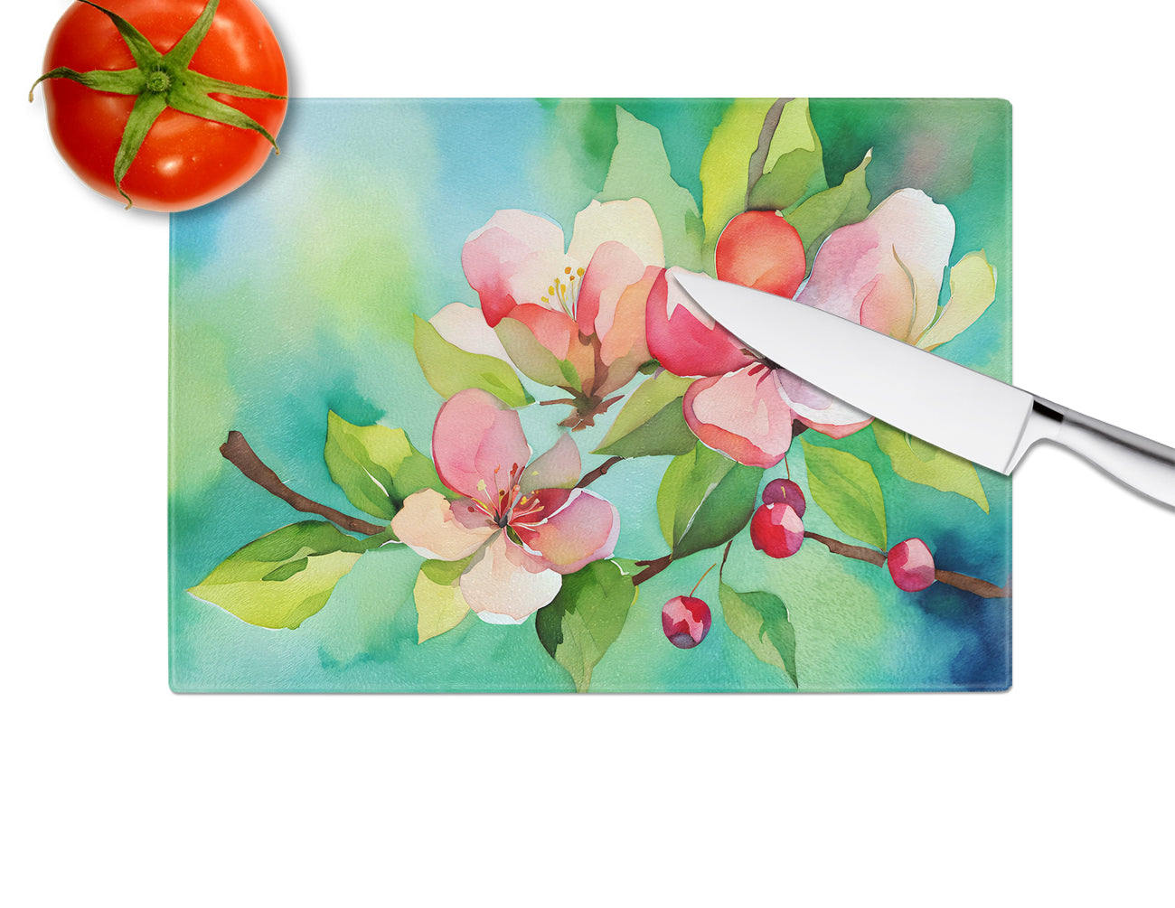 Arkansas Apple Blossom in Watercolor Glass Cutting Board