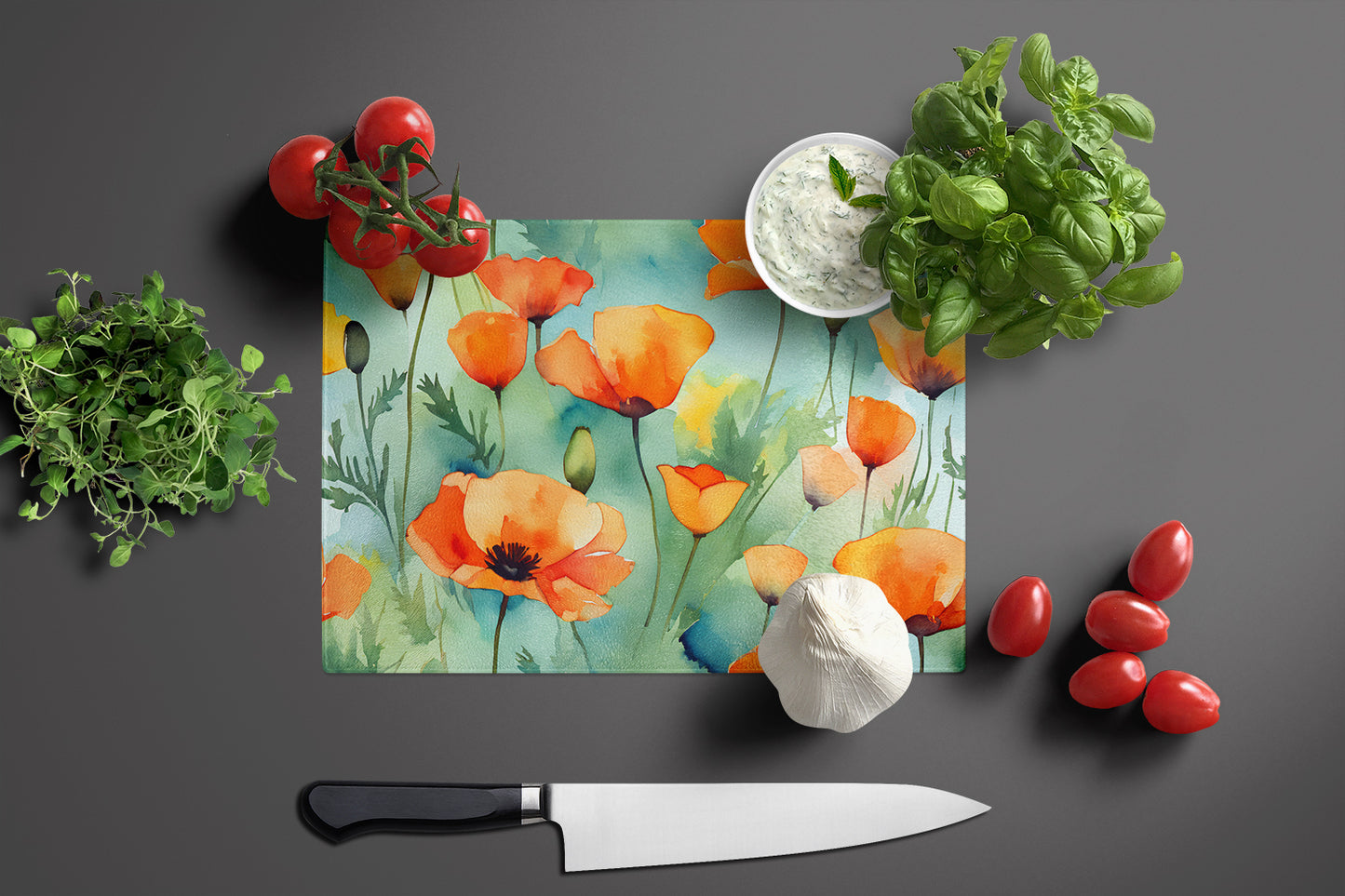 California California Poppies in Watercolor Glass Cutting Board