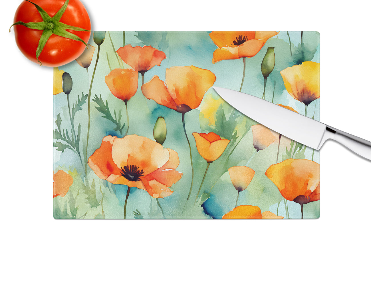 California California Poppies in Watercolor Glass Cutting Board