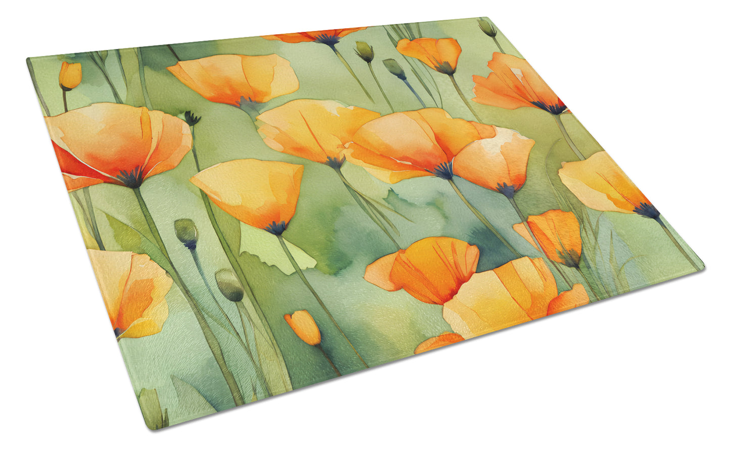 Buy this California California Poppies in Watercolor Glass Cutting Board