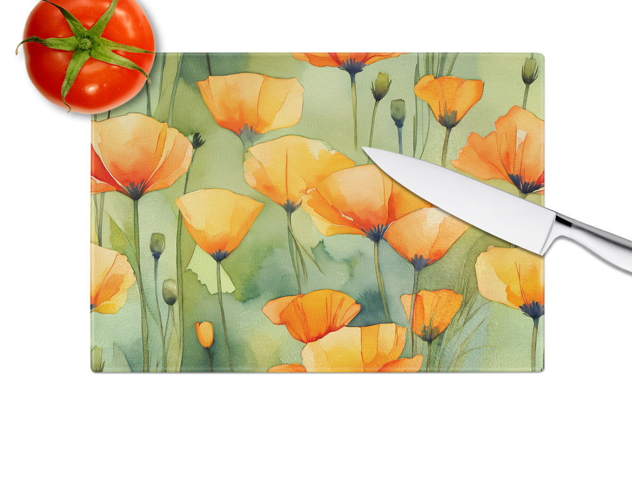 California California Poppies in Watercolor Glass Cutting Board