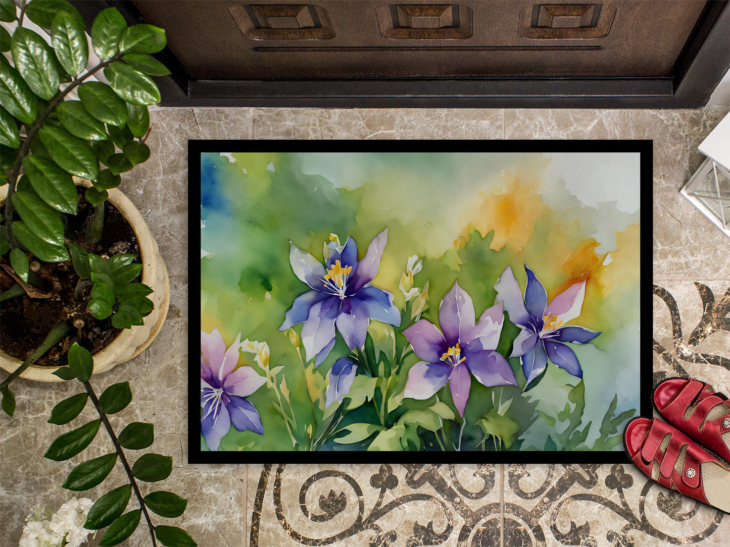 Colorado Rocky Mountain Columbine in Watercolor Doormat