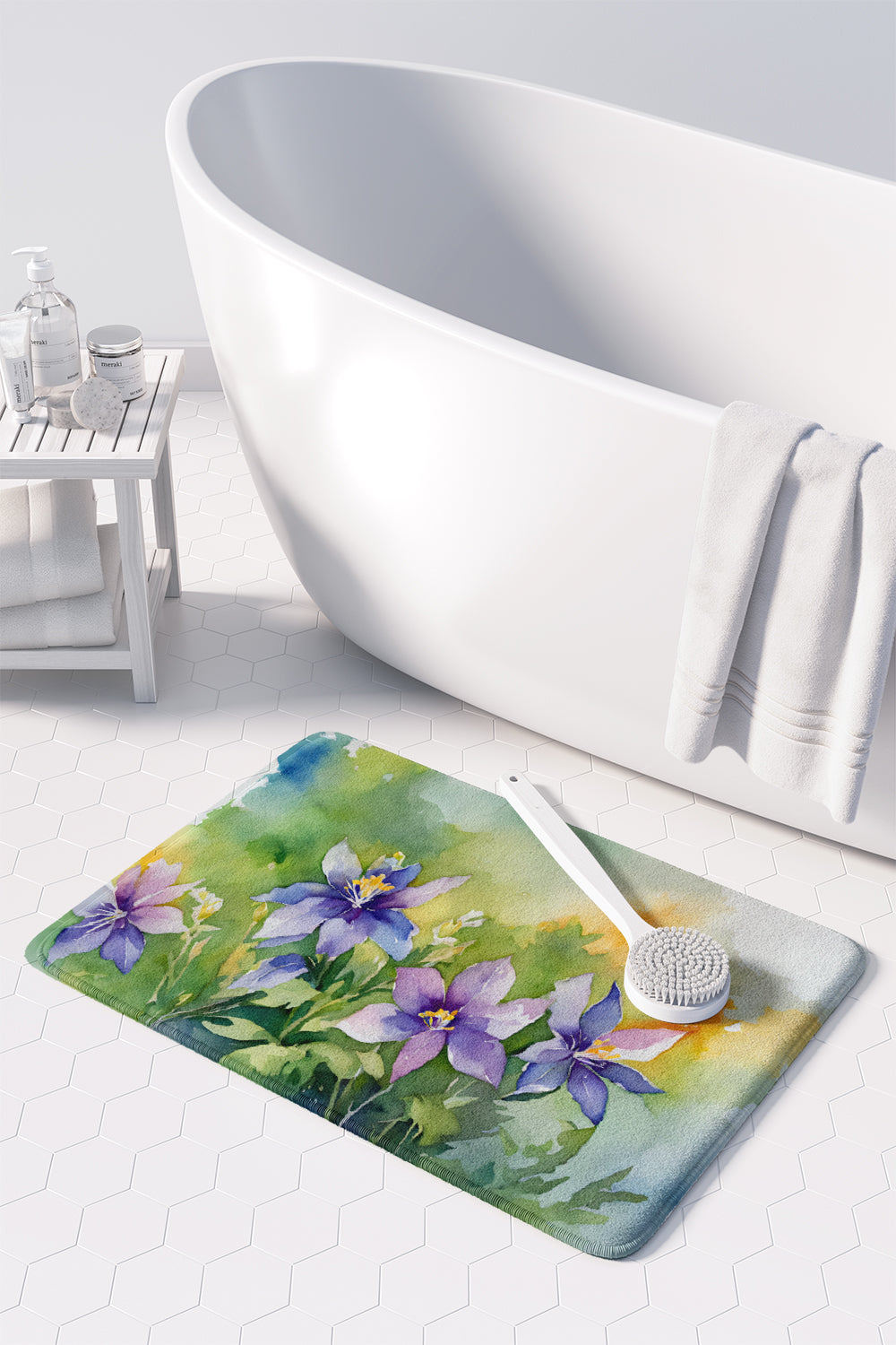 Colorado Rocky Mountain Columbine in Watercolor Memory Foam Kitchen Mat