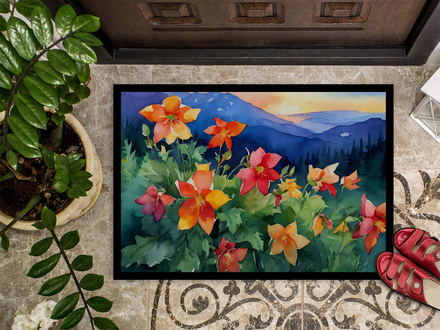 Colorado Rocky Mountain Columbine in Watercolor Doormat