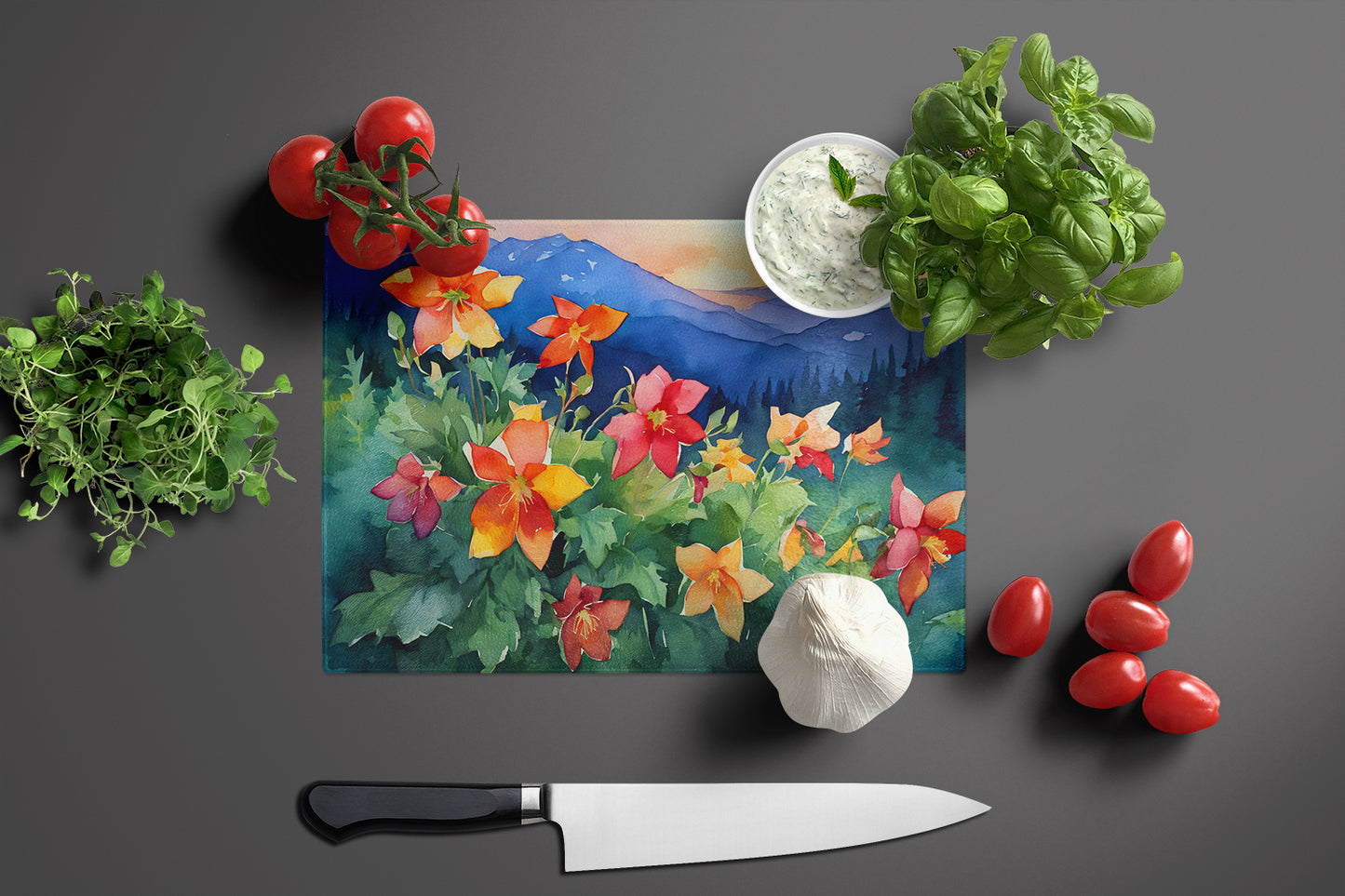 Colorado Rocky Mountain Columbine in Watercolor Glass Cutting Board