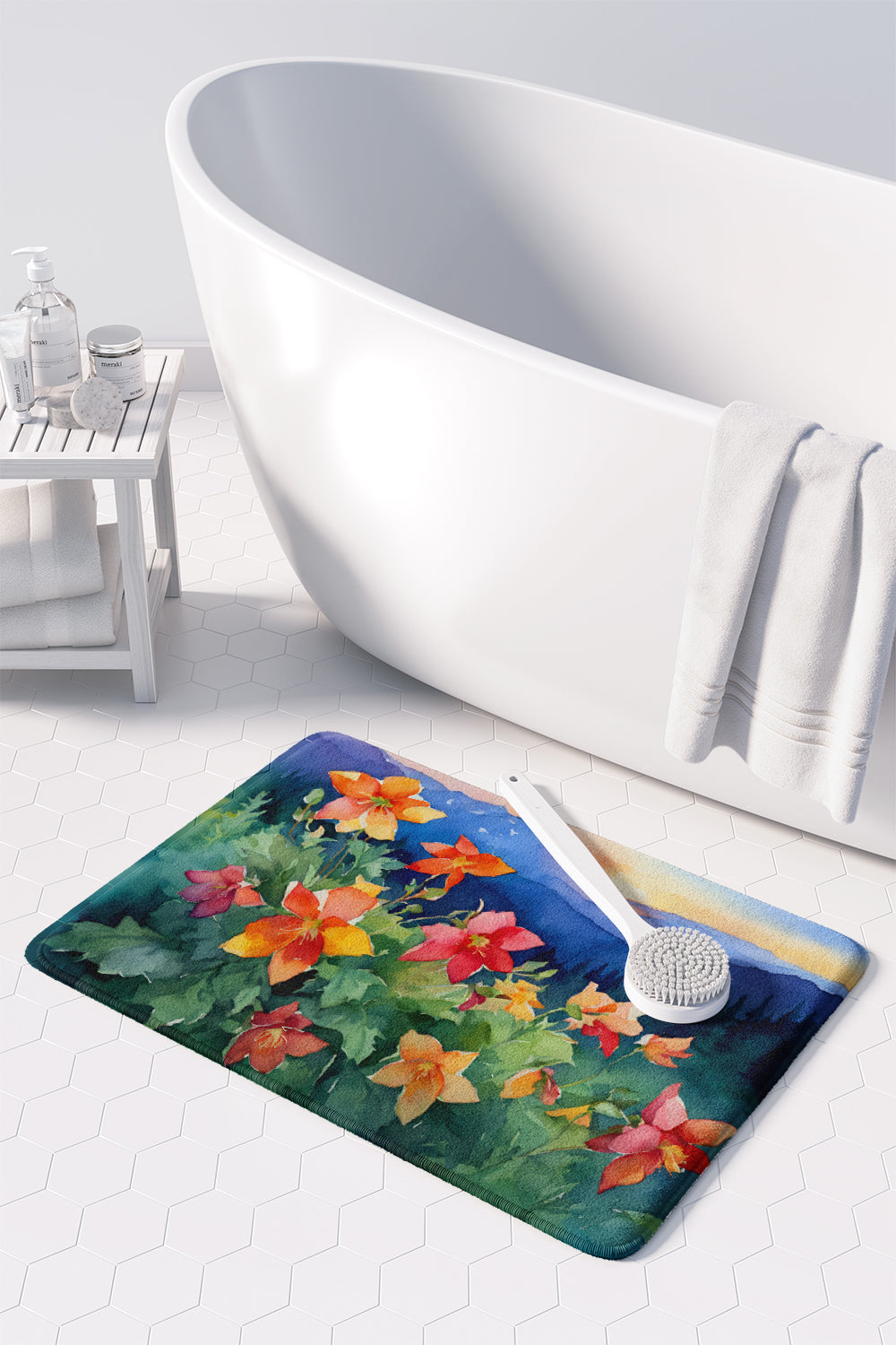 Colorado Rocky Mountain Columbine in Watercolor Memory Foam Kitchen Mat