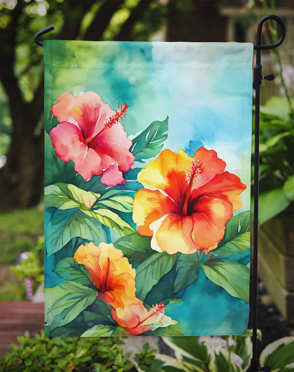 Hawaii Hawaiian Hibiscus in Watercolor Garden Flag