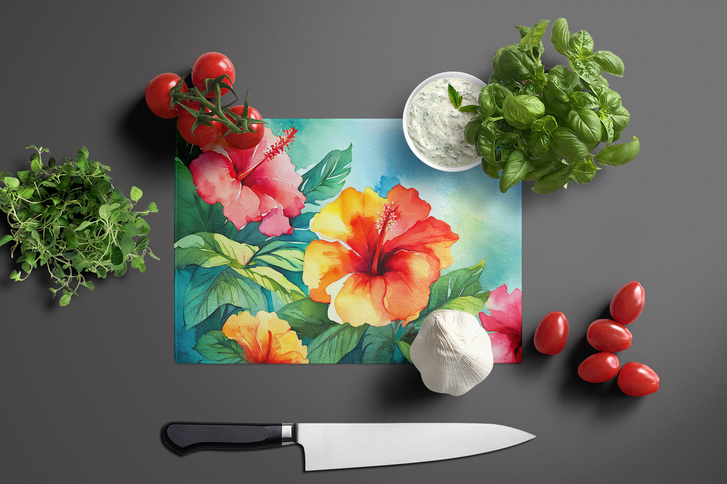 Hawaii Hawaiian Hibiscus in Watercolor Glass Cutting Board