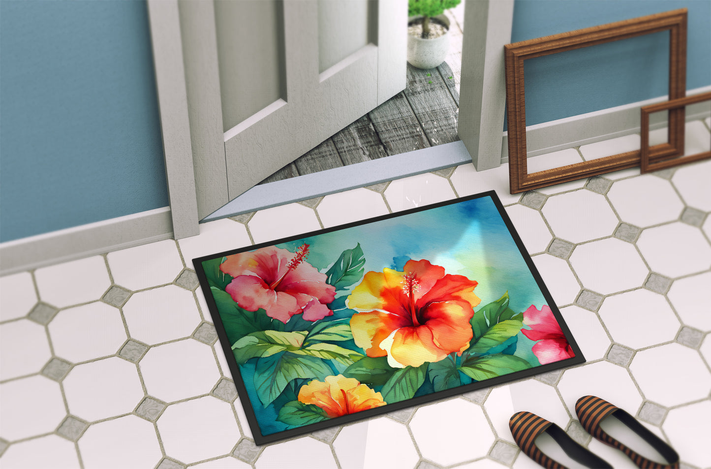 Hawaii Hawaiian Hibiscus in Watercolor Doormat