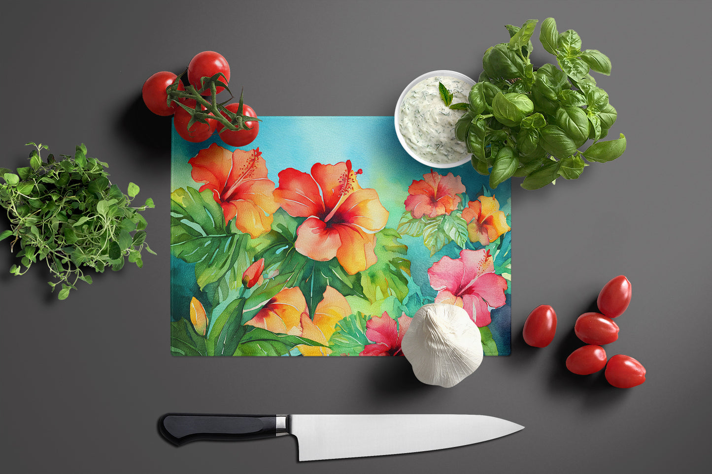 Hawaii Hawaiian Hibiscus in Watercolor Glass Cutting Board