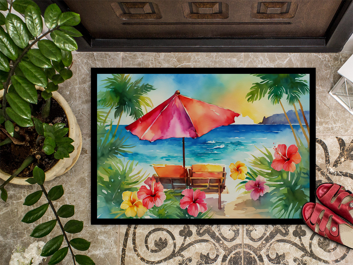 Hawaii Hawaiian Hibiscus in Watercolor Doormat