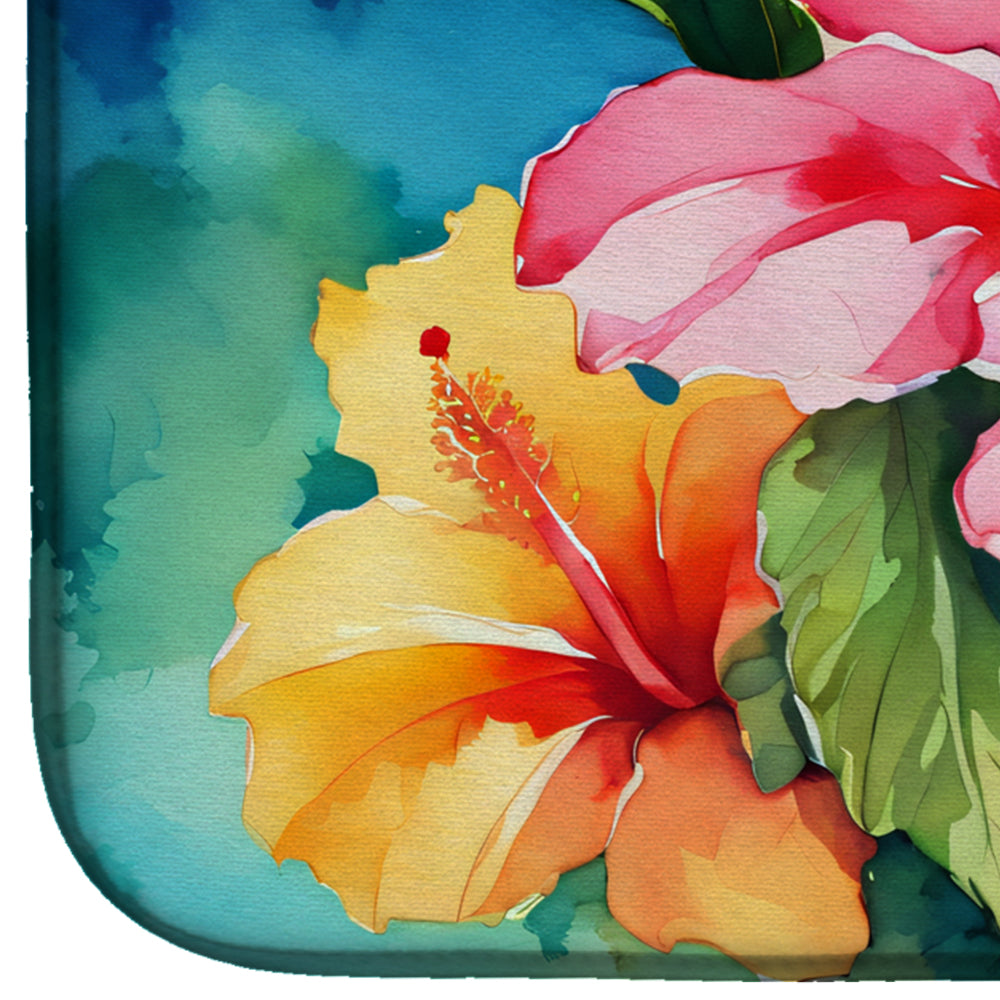 Hawaii Hawaiian Hibiscus in Watercolor Dish Drying Mat