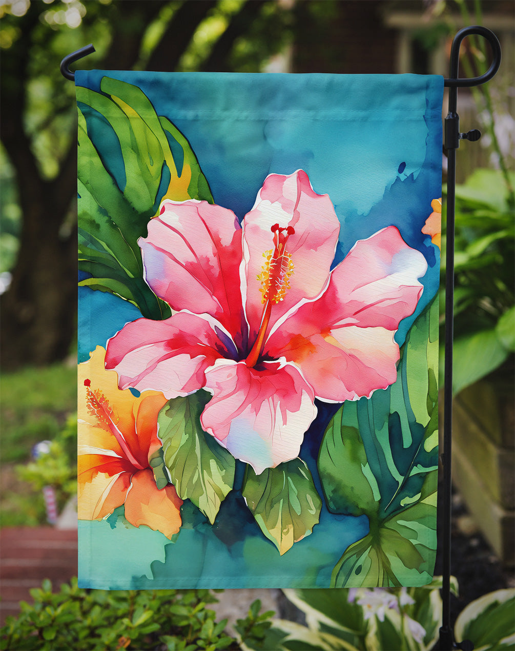 Hawaii Hawaiian Hibiscus in Watercolor Garden Flag