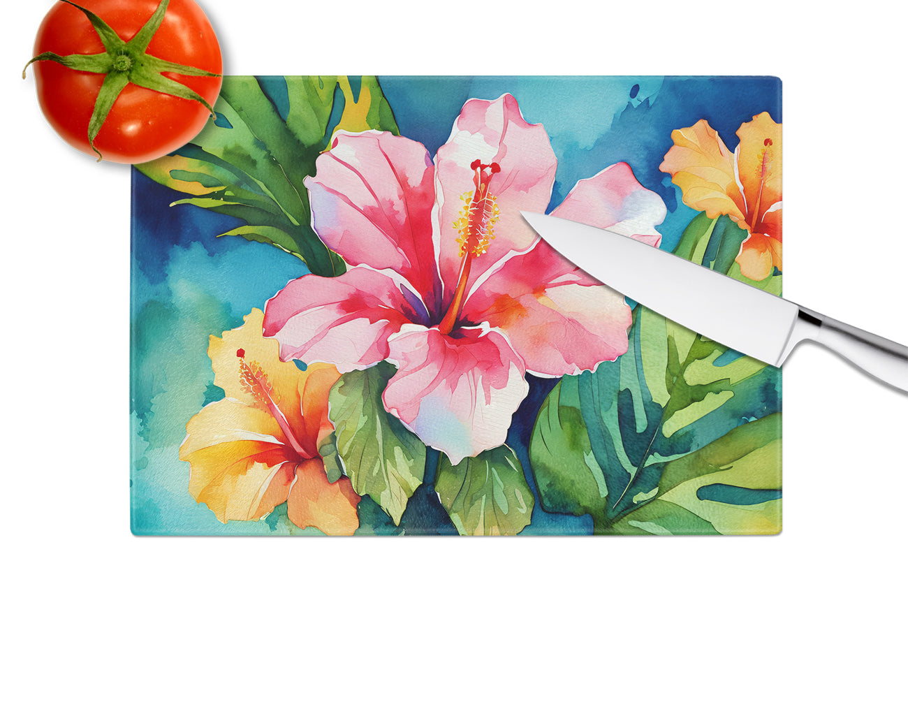 Hawaii Hawaiian Hibiscus in Watercolor Glass Cutting Board