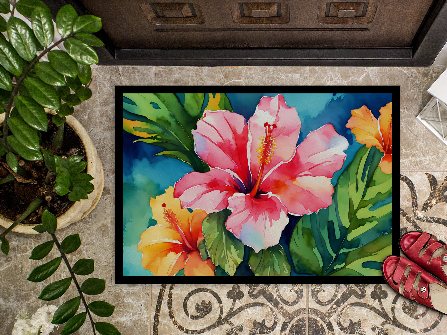 Hawaii Hawaiian Hibiscus in Watercolor Doormat