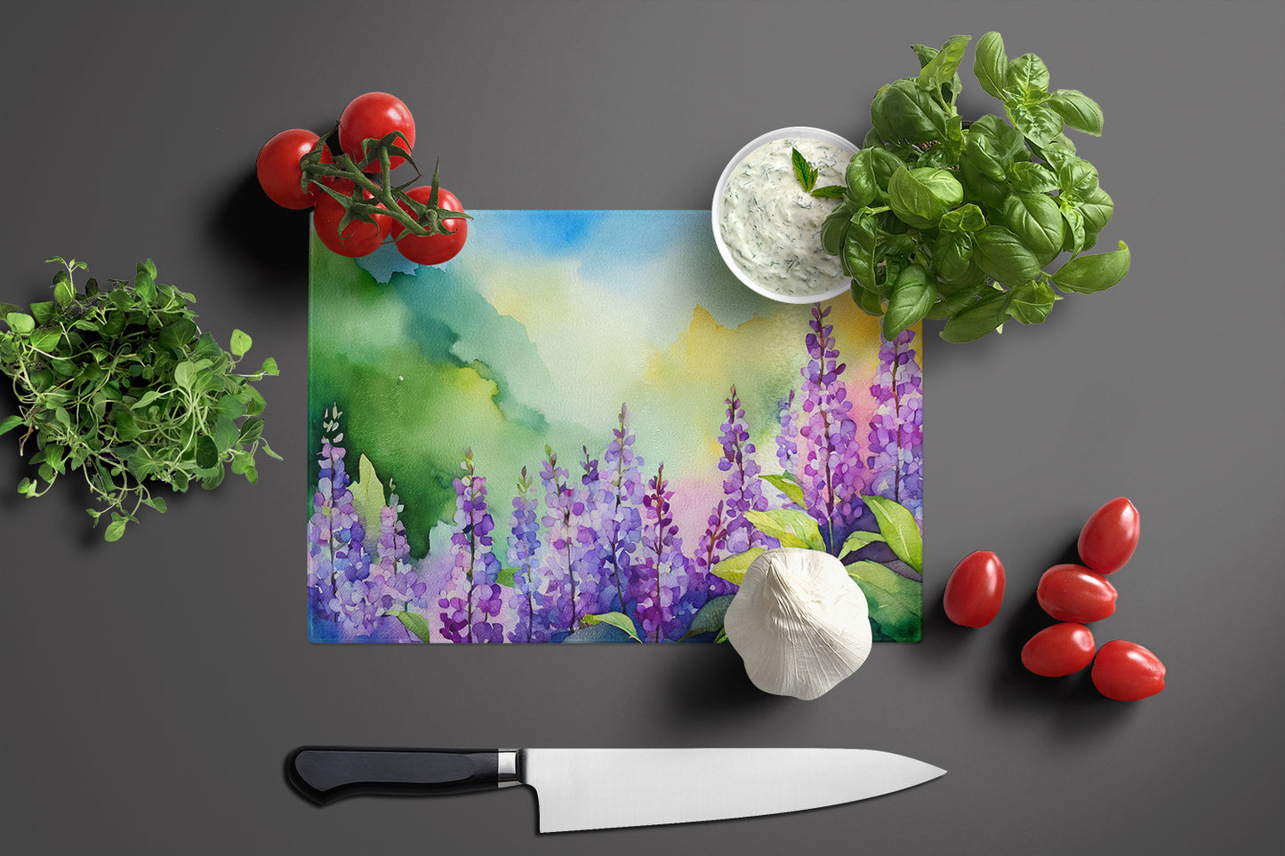 Idaho Syringa in Watercolor Glass Cutting Board