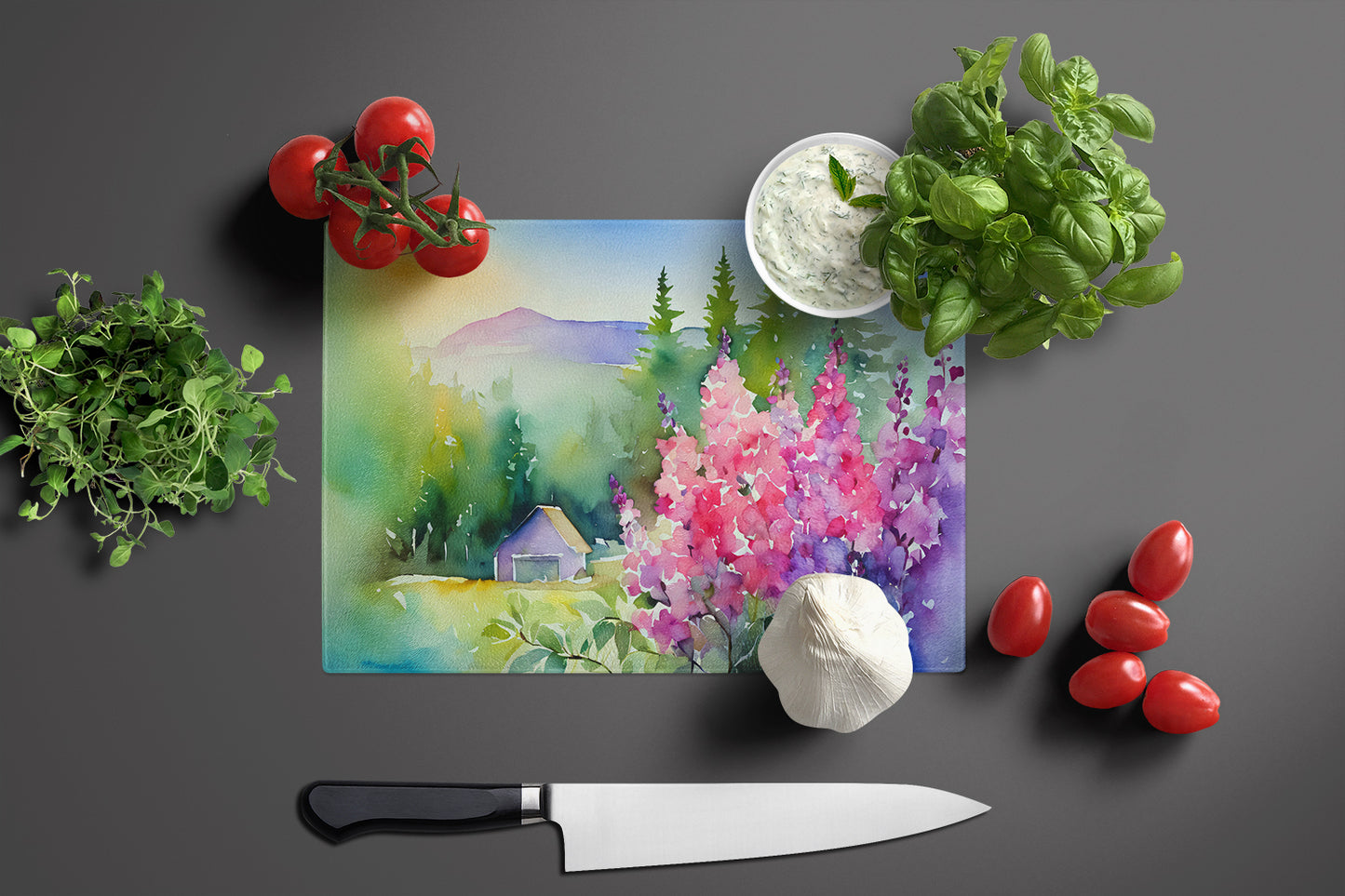 Idaho Syringa in Watercolor Glass Cutting Board