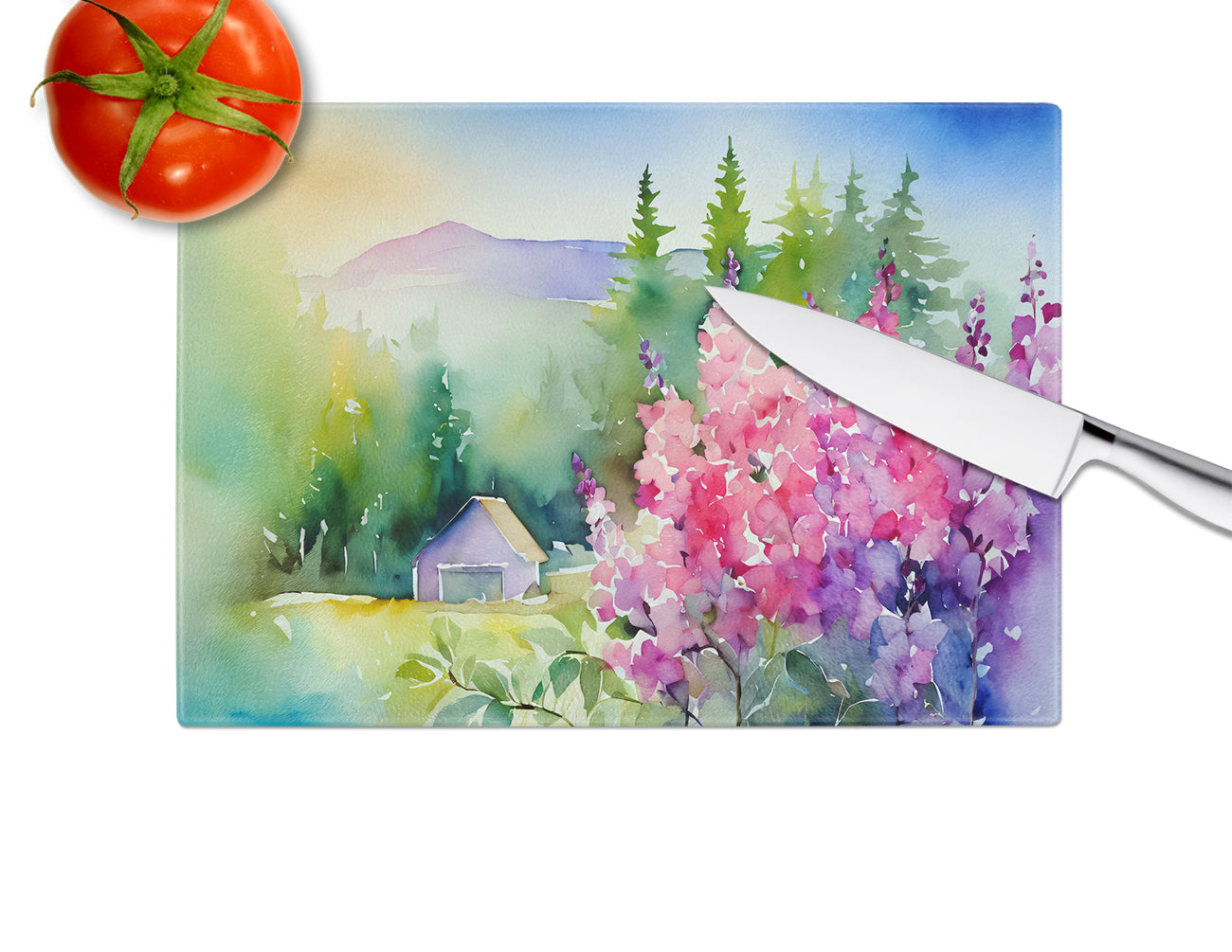 Idaho Syringa in Watercolor Glass Cutting Board