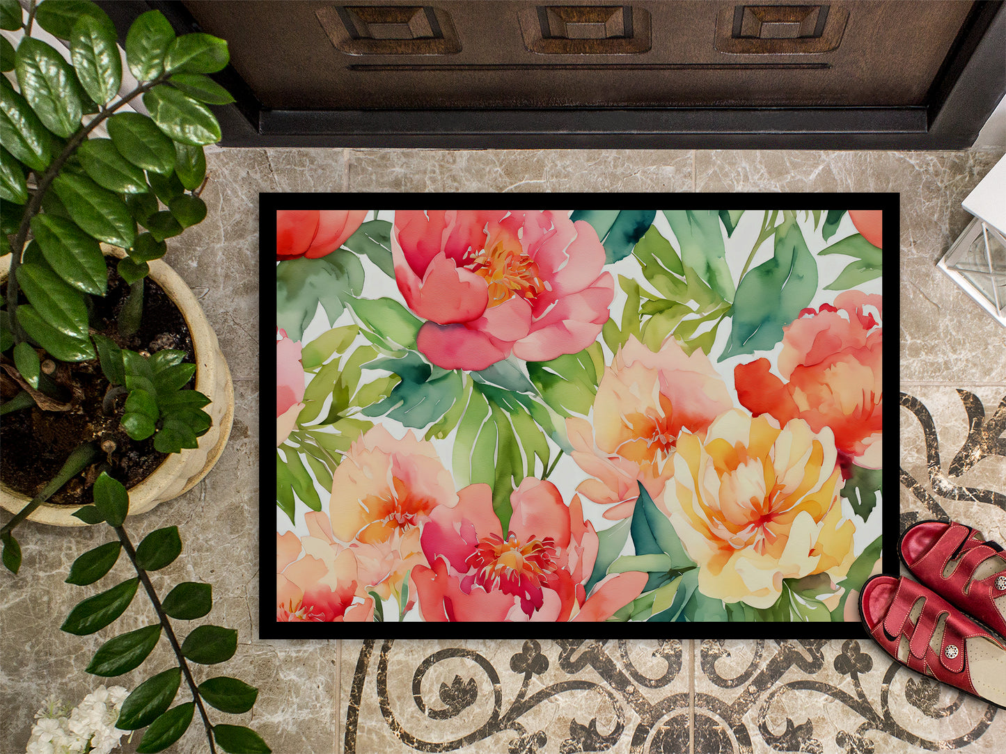 Indiana Peonies in Watercolor Doormat