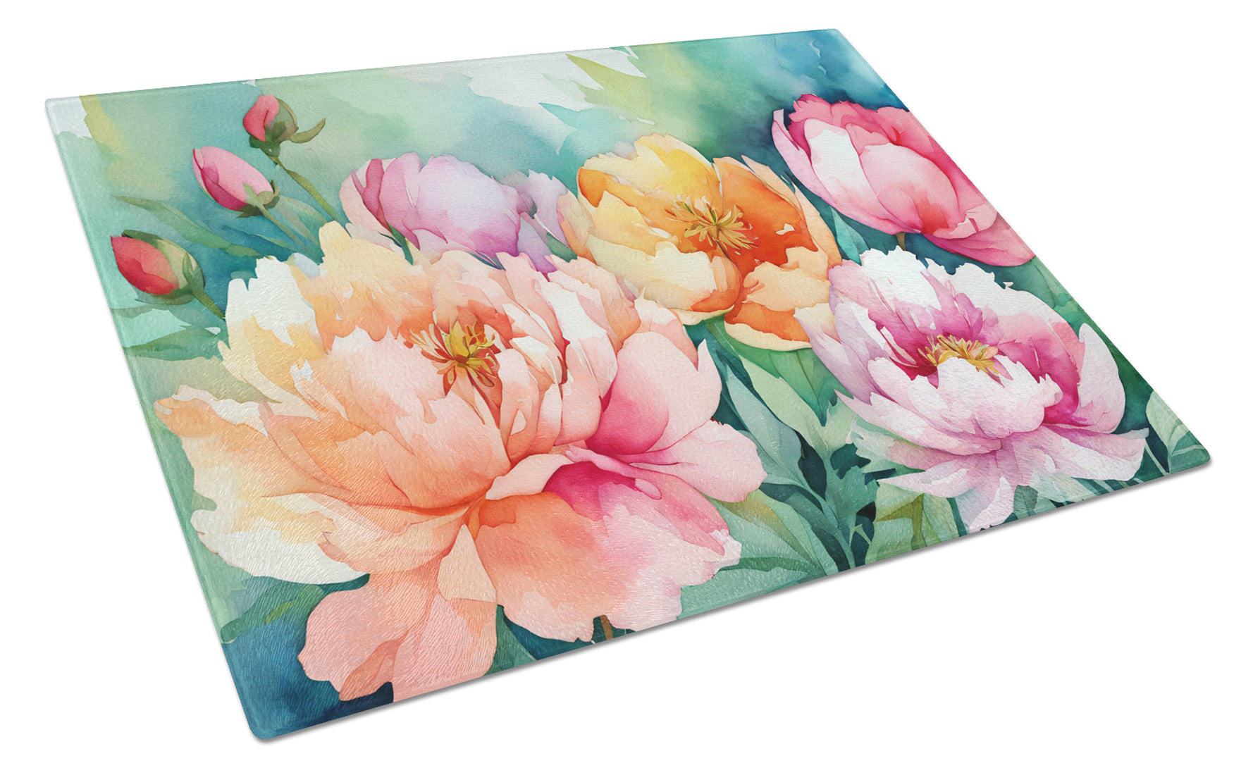 Buy this Indiana Peonies in Watercolor Glass Cutting Board