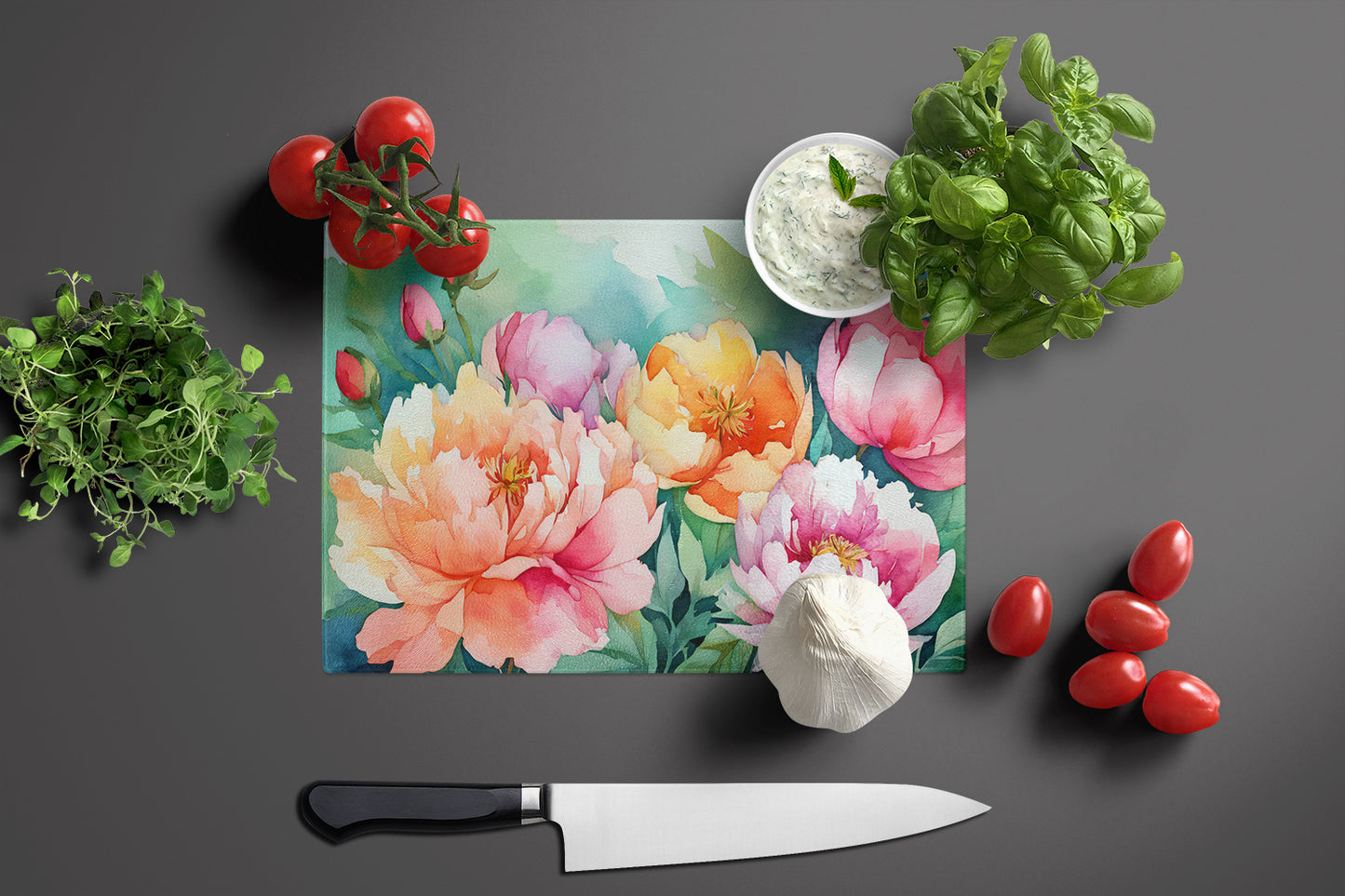 Indiana Peonies in Watercolor Glass Cutting Board