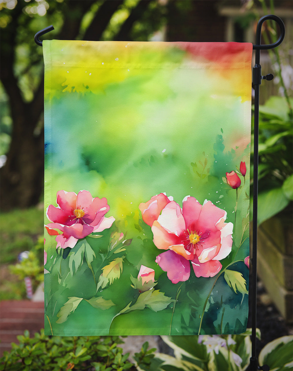 Iowa Wild Prairie Roses in Watercolor Garden Flag