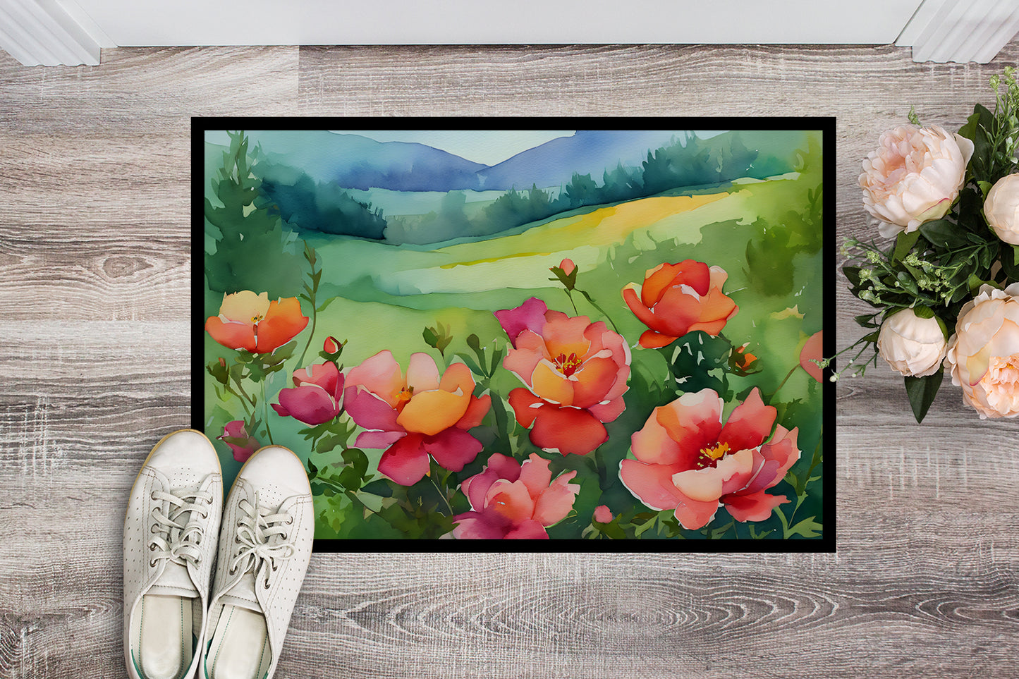 Iowa Wild Prairie Roses in Watercolor Doormat