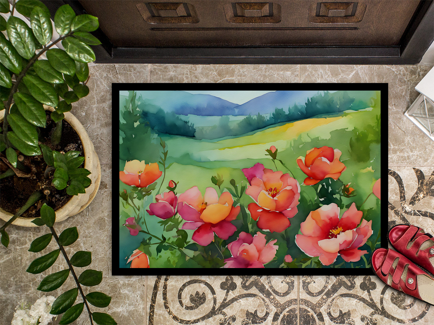 Iowa Wild Prairie Roses in Watercolor Doormat