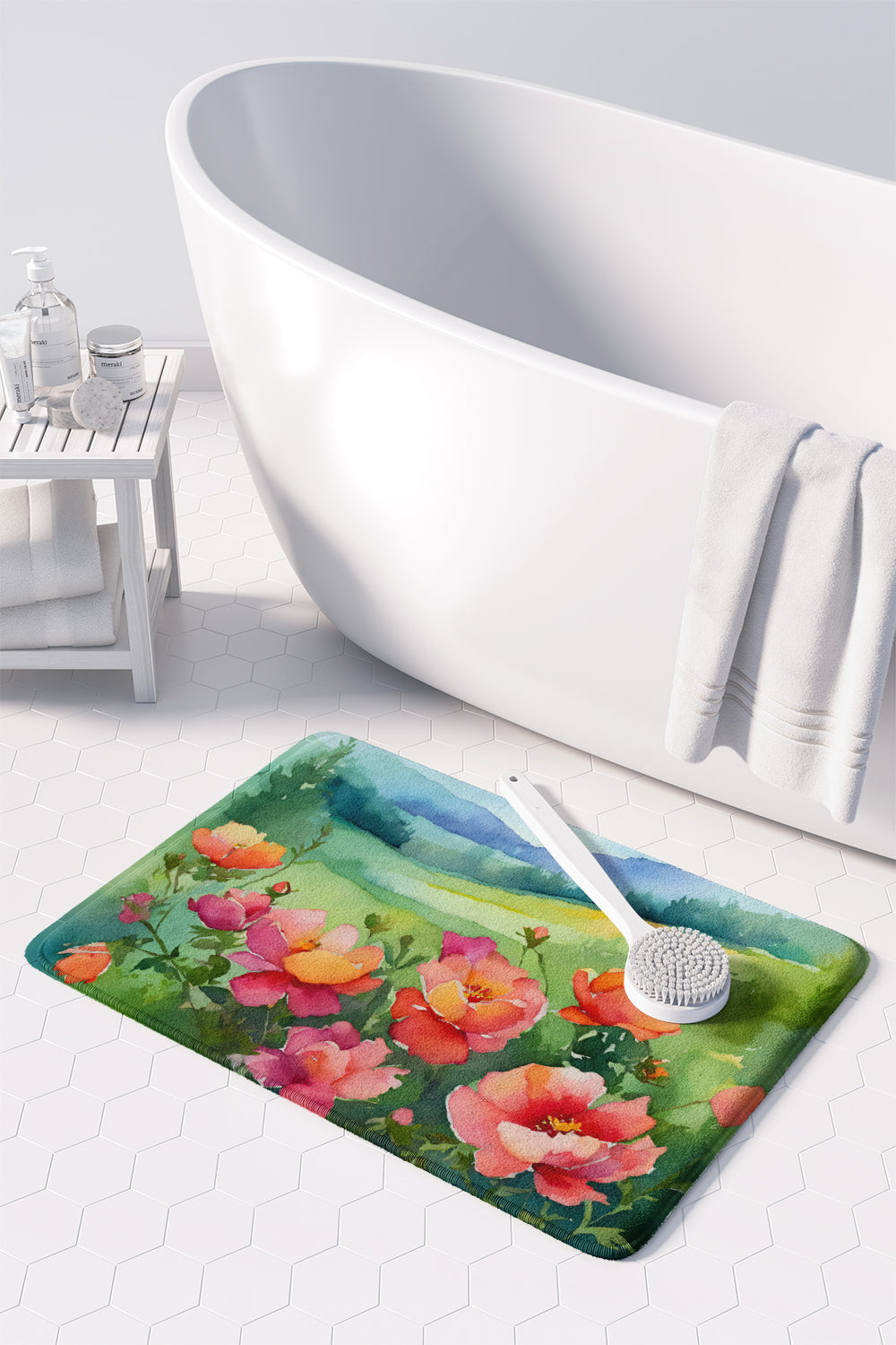 Iowa Wild Prairie Roses in Watercolor Memory Foam Kitchen Mat