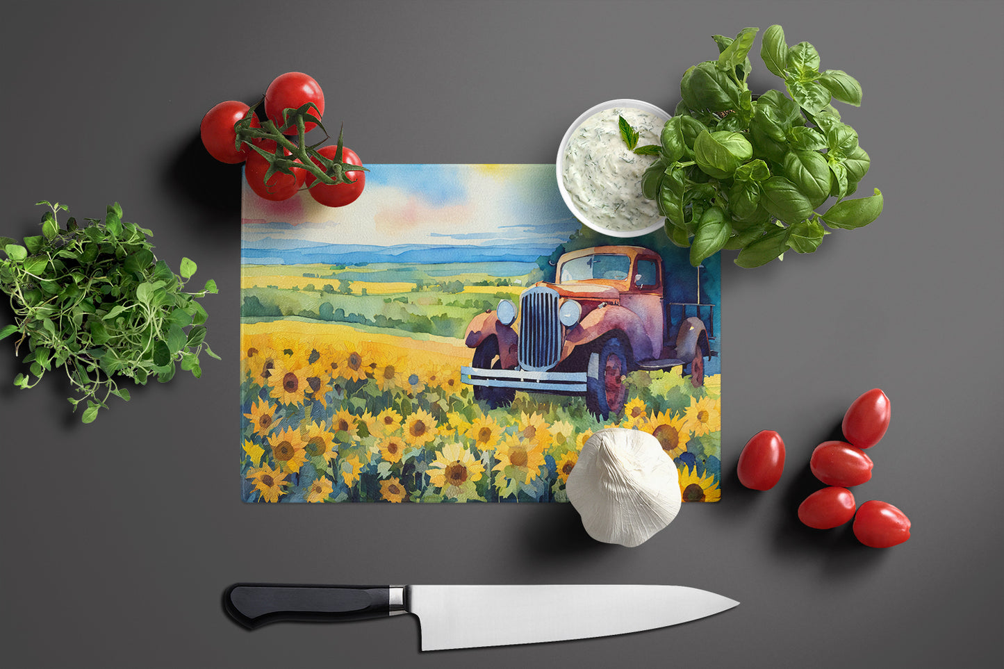 Kansas Sunflowers in Watercolor Glass Cutting Board