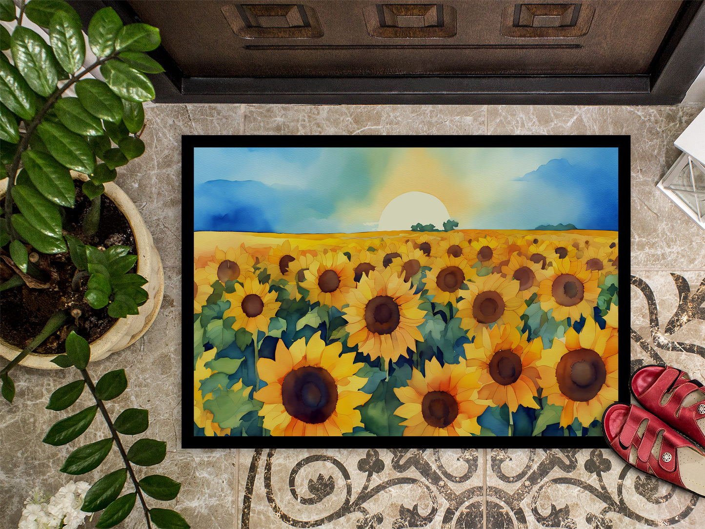 Kansas Sunflowers in Watercolor Doormat