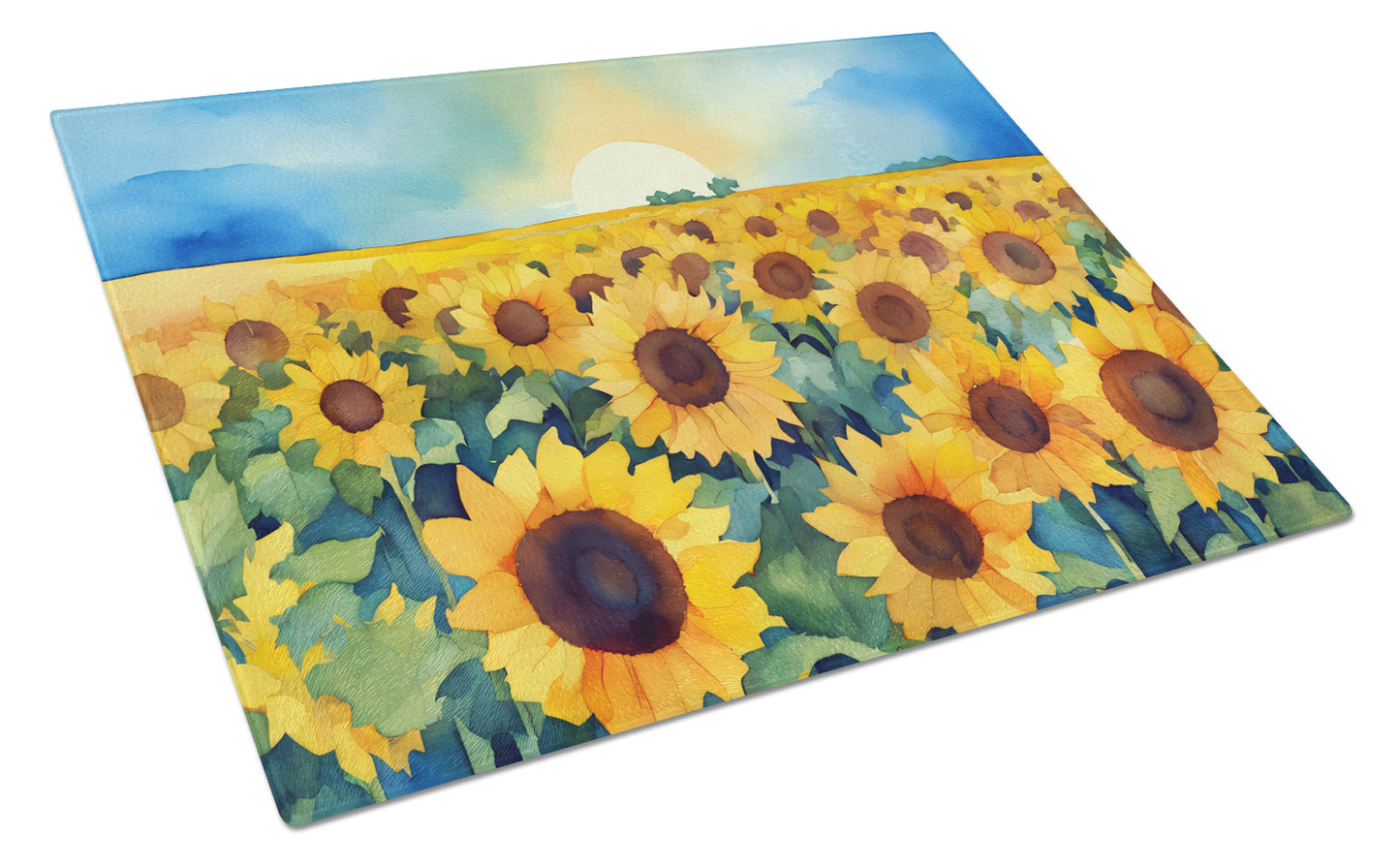 Buy this Kansas Sunflowers in Watercolor Glass Cutting Board