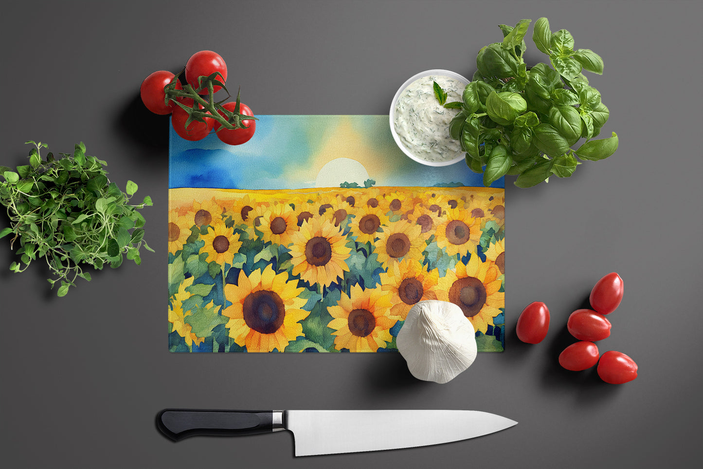 Kansas Sunflowers in Watercolor Glass Cutting Board