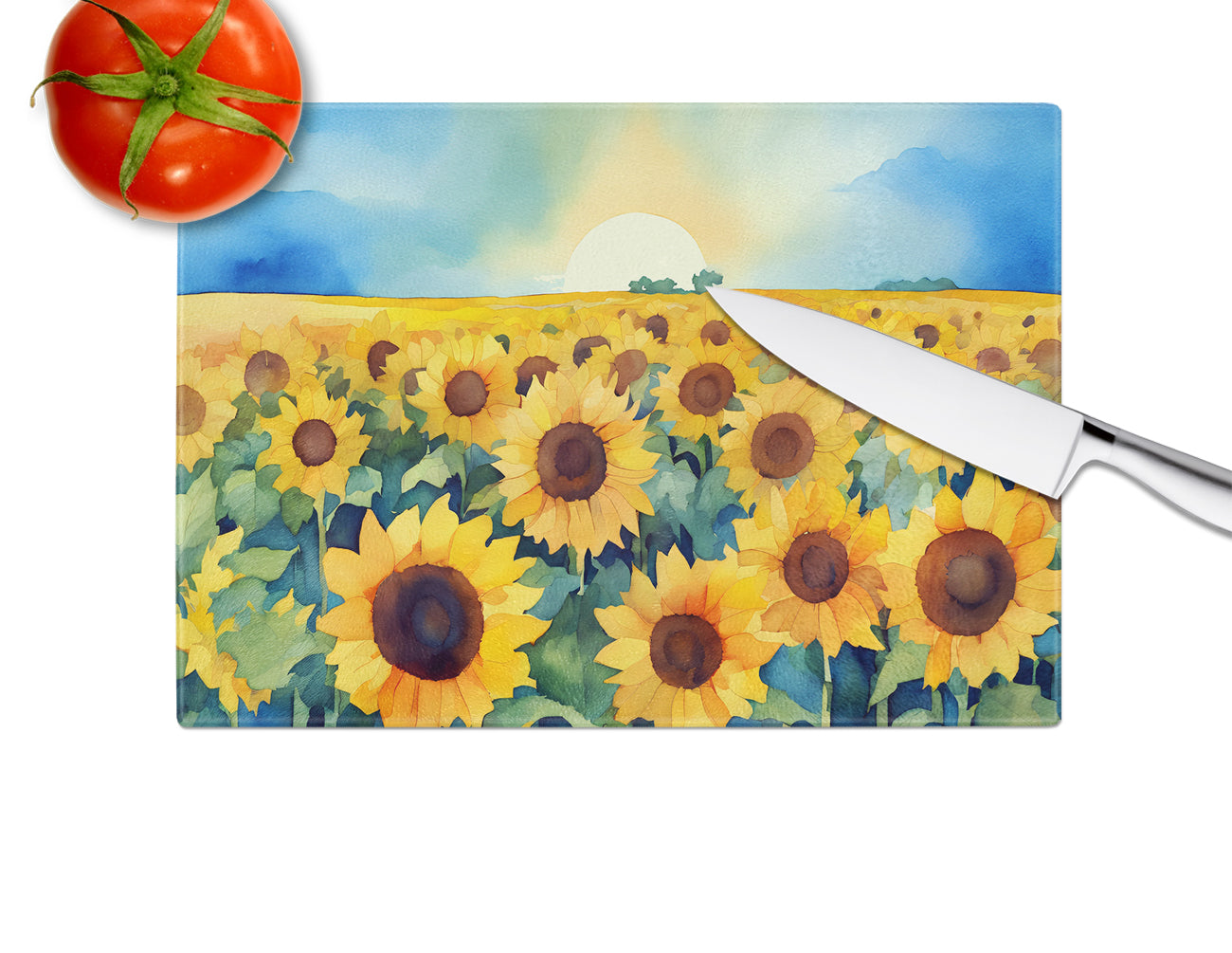 Kansas Sunflowers in Watercolor Glass Cutting Board