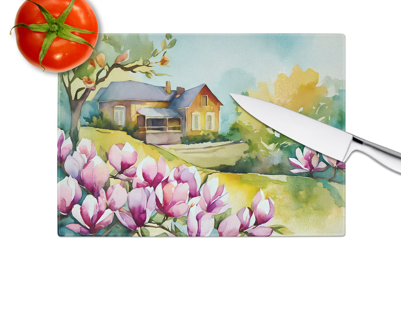 Louisiana Magnolias in Watercolor Glass Cutting Board