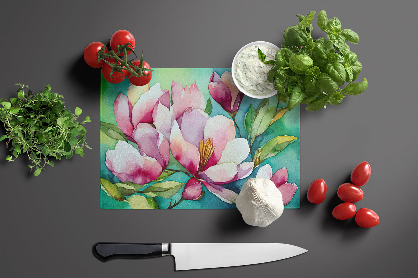 Louisiana Magnolias in Watercolor Glass Cutting Board